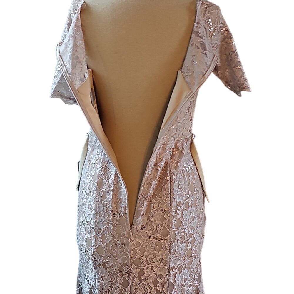 Cindy Collection USA Rose Gold Lace Sequin Mermaid Gown Rhinestone Belt 1638 S - Picture 11 of 13